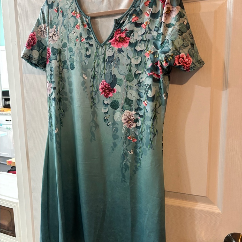Floral Green Dress with Pink Accents